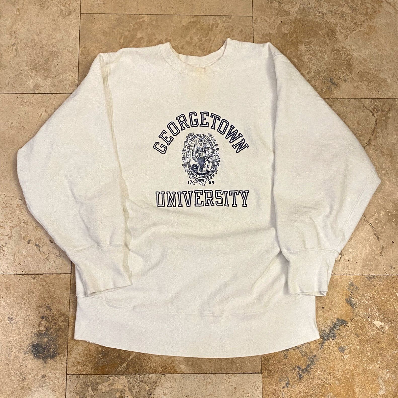 image of Vintage Georgetown University Champion Reverse Weave Pullover Sweatshirt Large in White, Men's