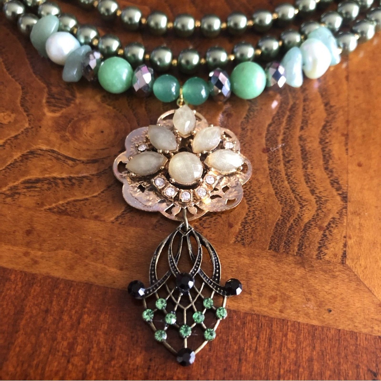Handmade Handcrafted repurpose aventurine Czech glass Pearl necklace Size ONE SIZE - 7 Thumbnail
