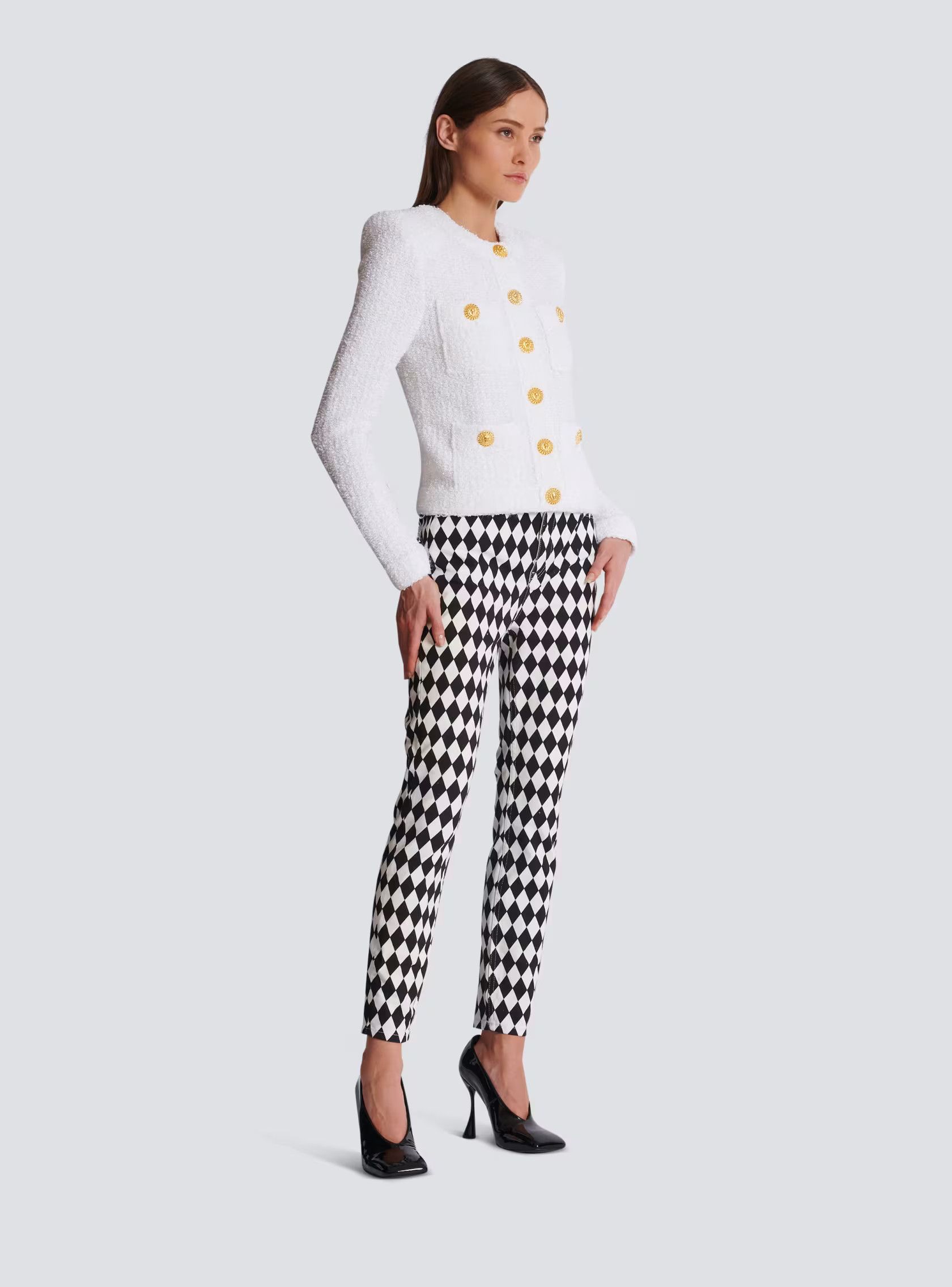 Balmain o1w1db10624 Colarless 4PKTS Tweed Jacket in White Size S / US 4 / IT 40 - 2 Thumbnail