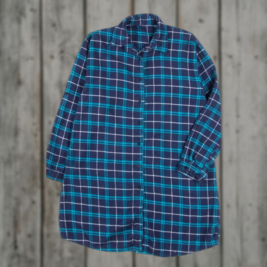 Vintage VINTAGE Blue Plaid Flannel Shirt Dress Medium Long Sleeve Button-Up Size 40R - 1 Thumbnail