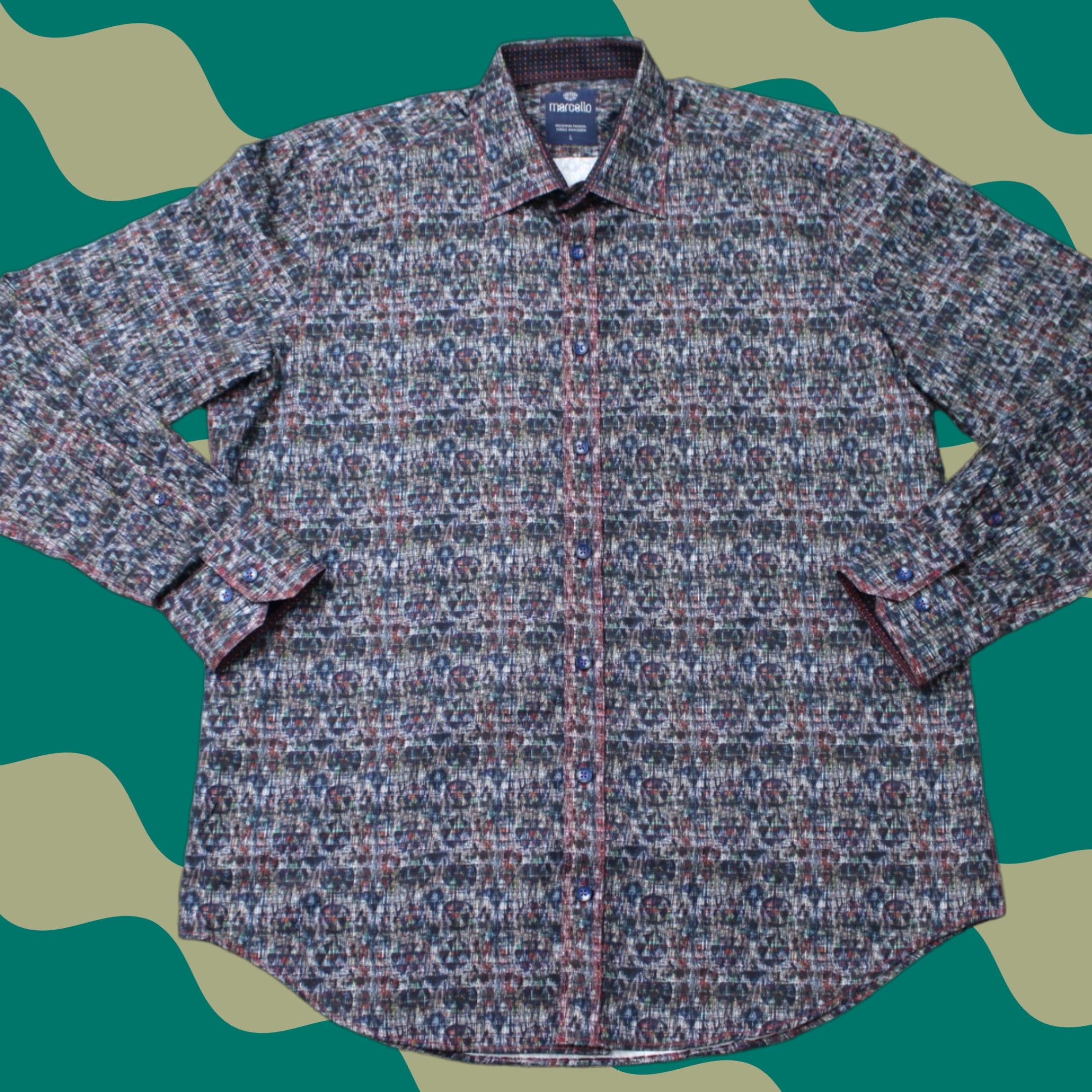 Vintage Marcello Shirt Men L Grey/Blue/Orange Geometric Button-Up Long Sleeve Cotton Shirt Size US L / EU 52-54 / 3 - 1 Thumbnail