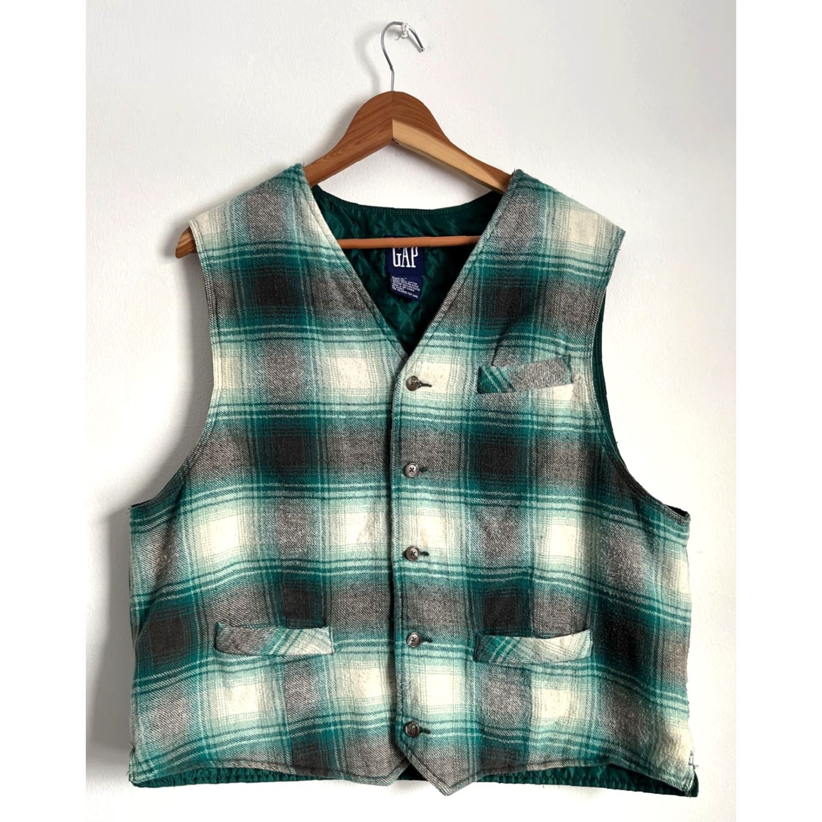 Gap VINTAGE Gap Vest Shirt Men 90s Plaid Green L Waistcoat Padded Pockets Size US L / EU 52-54 / 3 - 2 Thumbnail