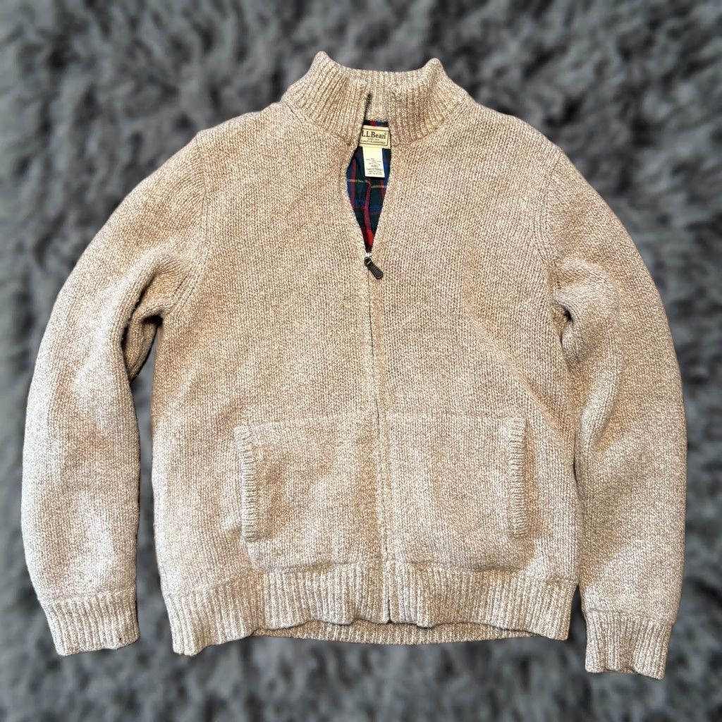 Vintage LL Bean Mens Lambswool Full Zip Sweater Jacket Medium Oatmeal Plaid Lined 500921 Size US M / EU 48-50 / 2 - 1 Thumbnail