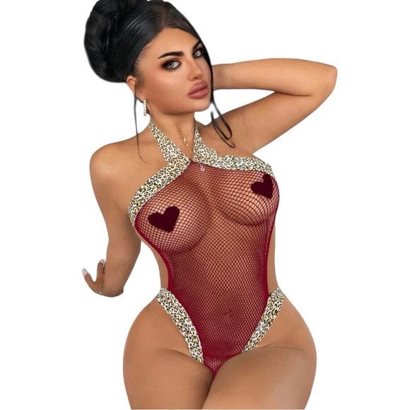 Other Women Burgundy Halter High Stretch Leopard Neck Bodysuit Size ONE SIZE - 3 Thumbnail