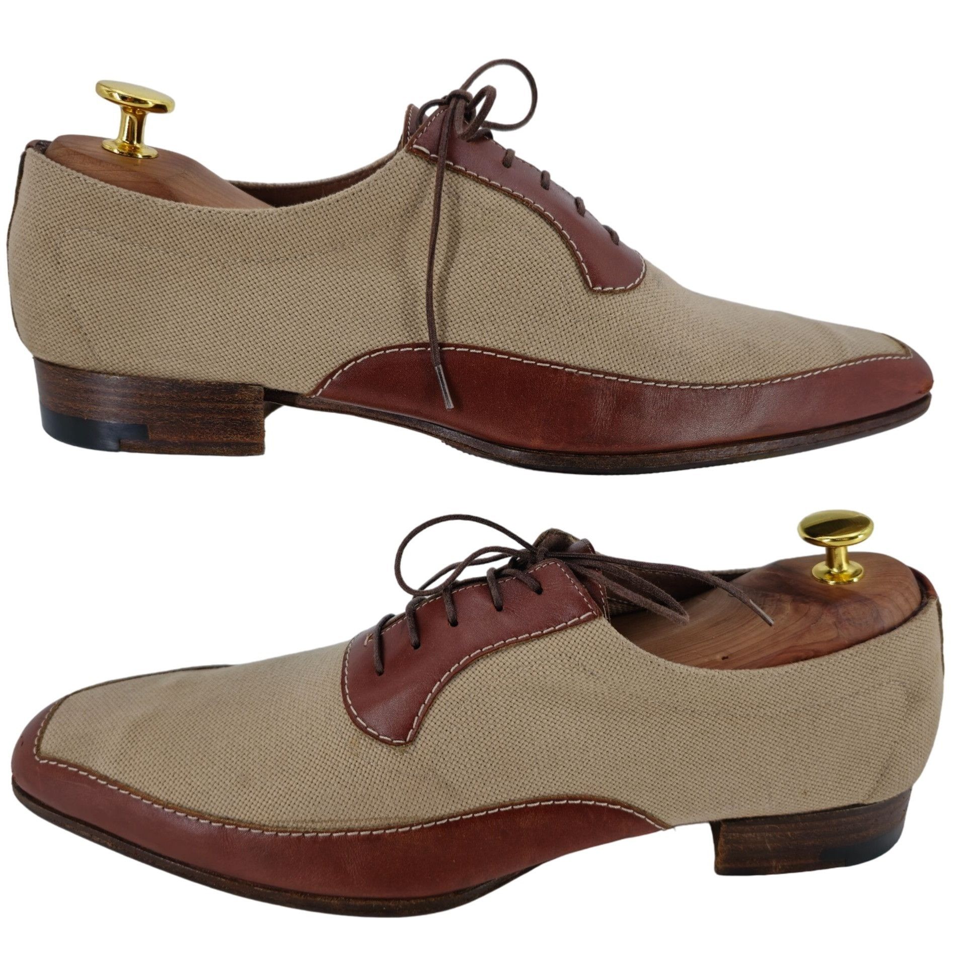 Testoni A. Testoni Italy Men 9 Dress Shoe Beige Brown Canvas Leather Size US 9 / EU 42 - 4 Thumbnail