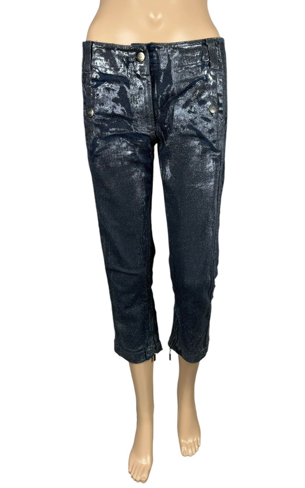 Just Cavalli × Vintage Just Cavalli Waxed Glitter Jeans Cropped Ankle Zip size 28 Size 28" / US 6 / IT 42 - 3 Thumbnail