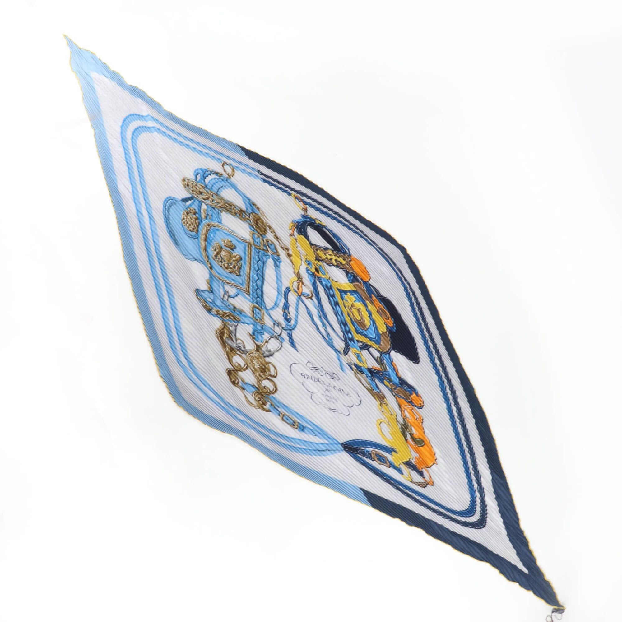 Hermes HERMES Carre Geant pleated Brides de Gala ceremonial horse bridle cashmere silk scarf/muffler in blue tones, made France, women's, with box. Size ONE SIZE - 1 Thumbnail