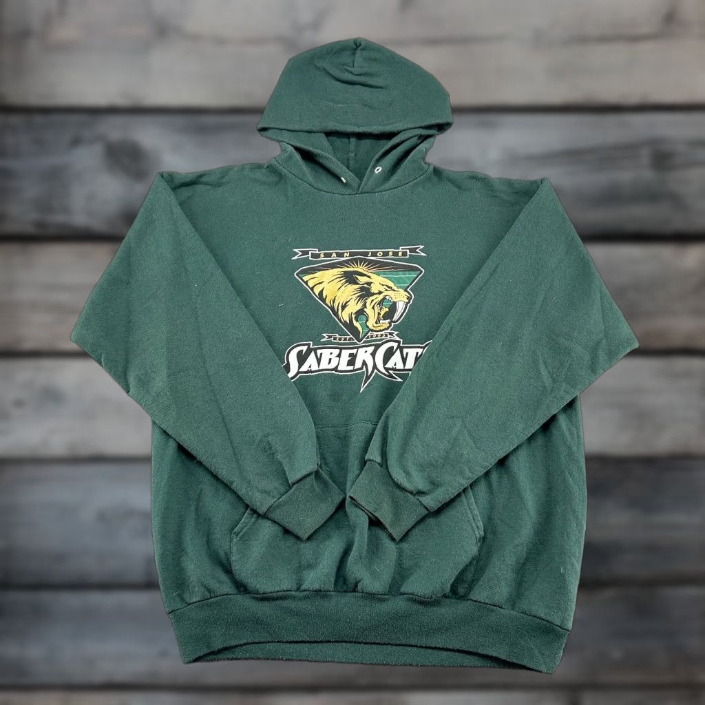 VINTAGE San Jose Sabercats Hoodie Mens L Green Pullover AFL Football Graphic Y2K