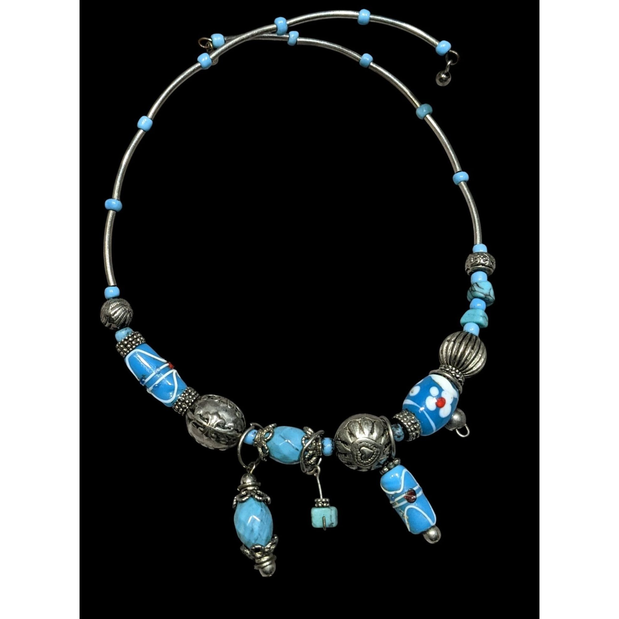 Handmade Handcrafted Beaded Necklace With Blue Glass Charms & Silver Size ONE SIZE - 1 Thumbnail
