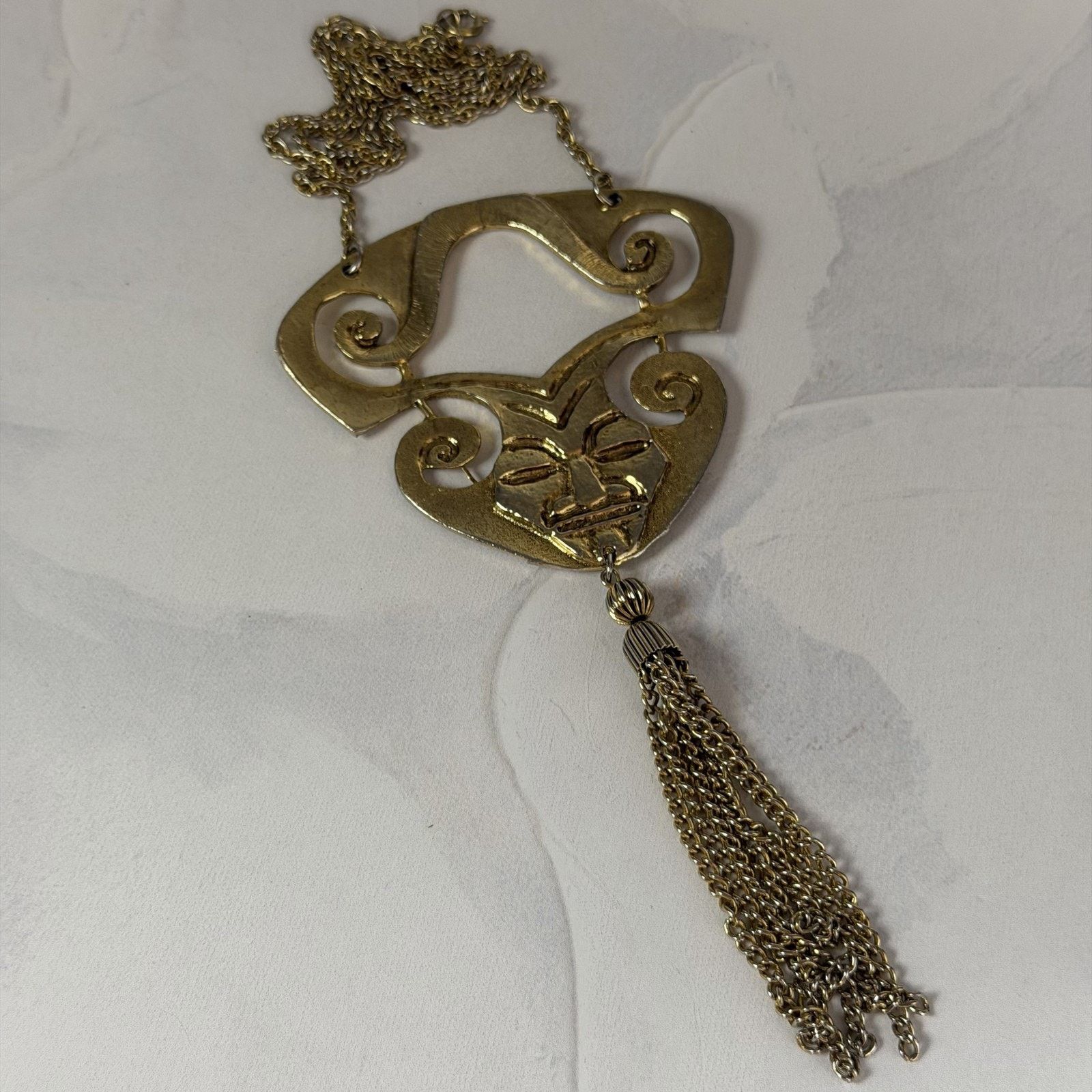 Other VTG 1970s Tribal Gold-Tone Mayan Mask Pendant Necklace 24" Size ONE SIZE - 5 Thumbnail