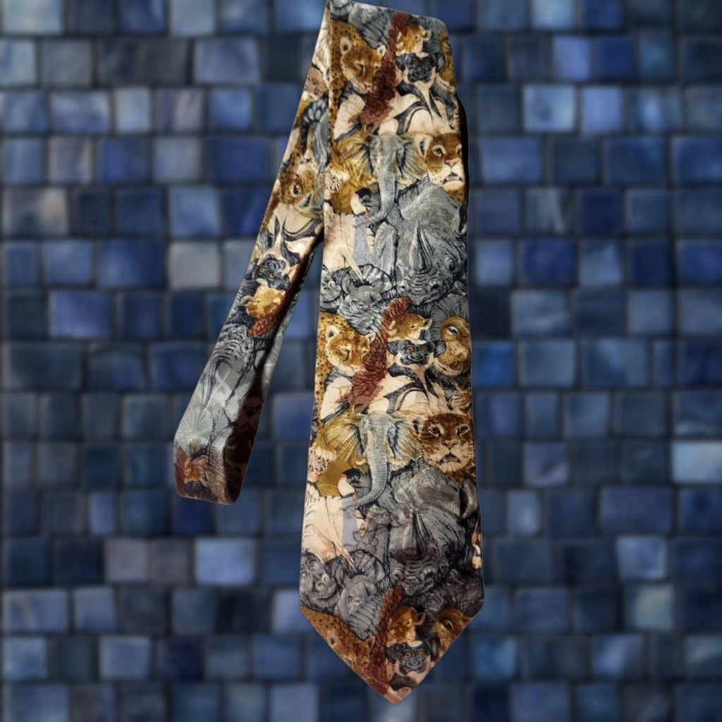 Vintage VINTAGE Endangered Species Jungle Animals Elephants Rhino Cheetah Silk Neck Tie Size ONE SIZE - 1 Thumbnail