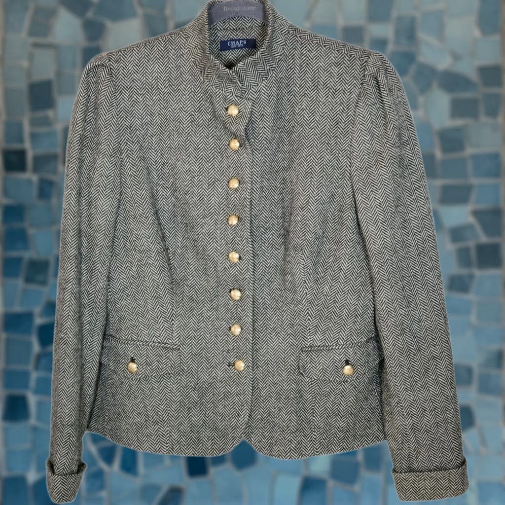 Chaps VINTAGE Chaps Suit Jacket Womens L Black and Cream Beacon Hill Wool Blend Blazer Herringbone Gold Buttons Women Size L / US 10 / IT 46 - 1 Thumbnail