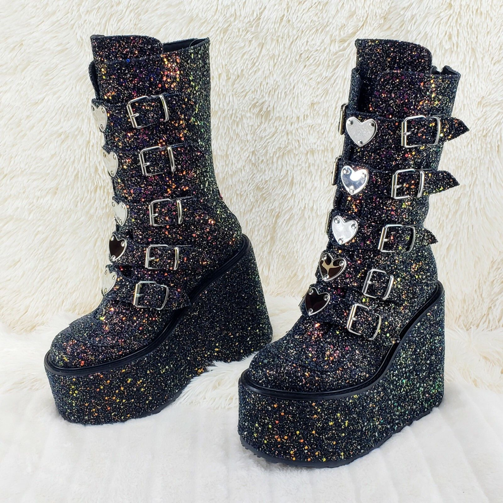 Demonia Cult DEMONIA Swing 230G Black Glitter Platform Boots Heart Strap Size US 8 / IT 38 - 4 Thumbnail