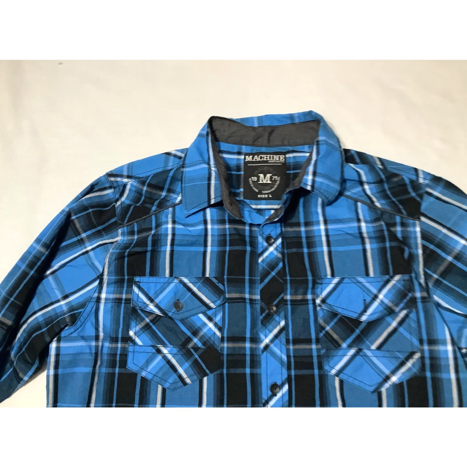Toy Machine Machine Shirt Mens Large Blue Black Plaid Button Up Western Pearl Snap Pockets Size US L / EU 52-54 / 3 - 2 Thumbnail