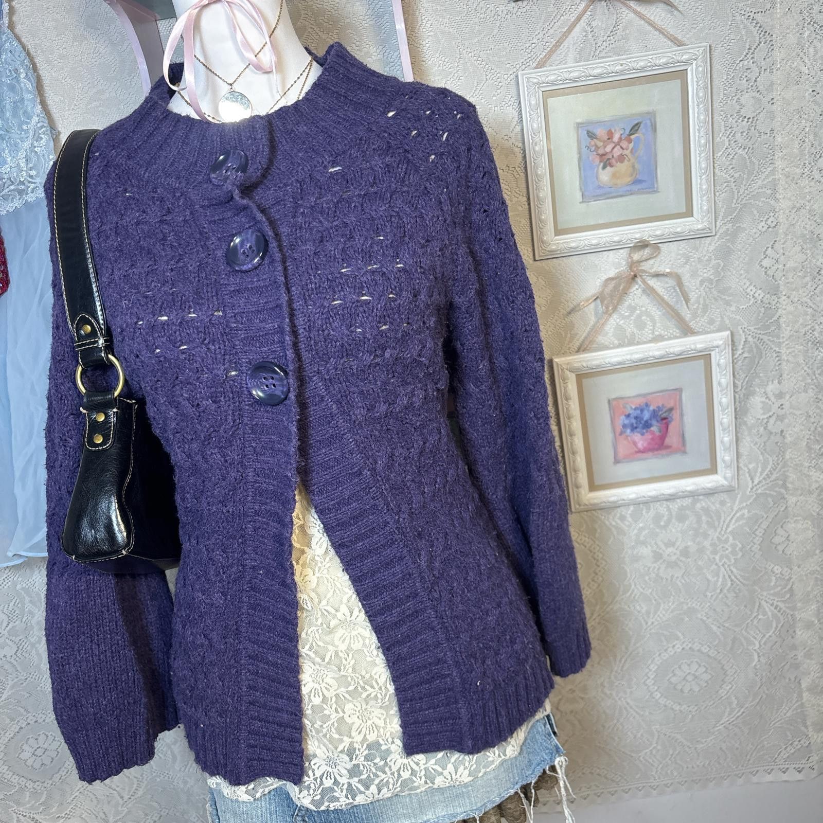 Style & Co vintage purple knit babydoll cardigan sweater Size L / US 10 / IT 46 - 3 Thumbnail