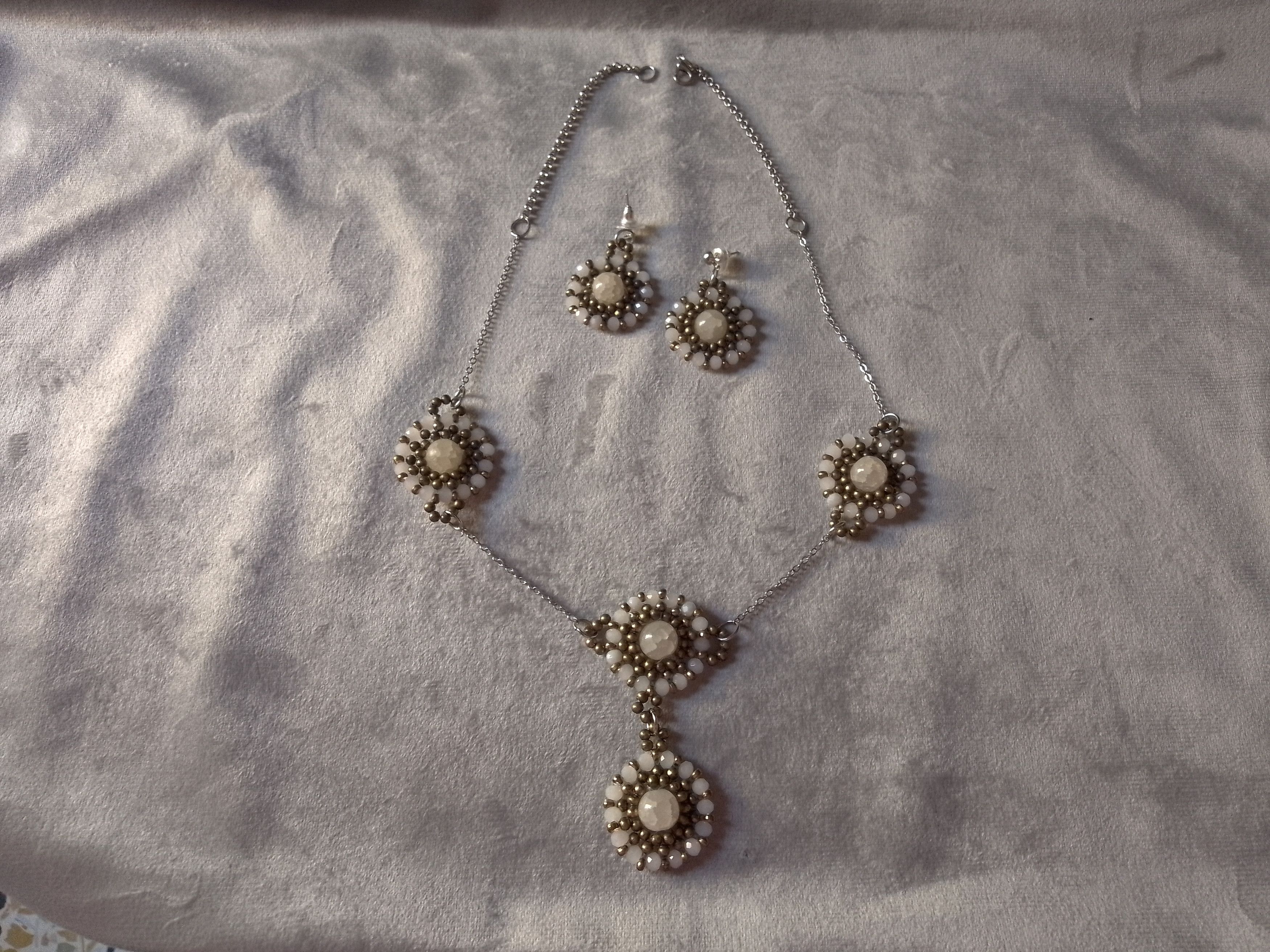 Handmade Necklace. Long. Earrings. White Gemstone. Crystal, brass Size ONE SIZE - 1 Thumbnail