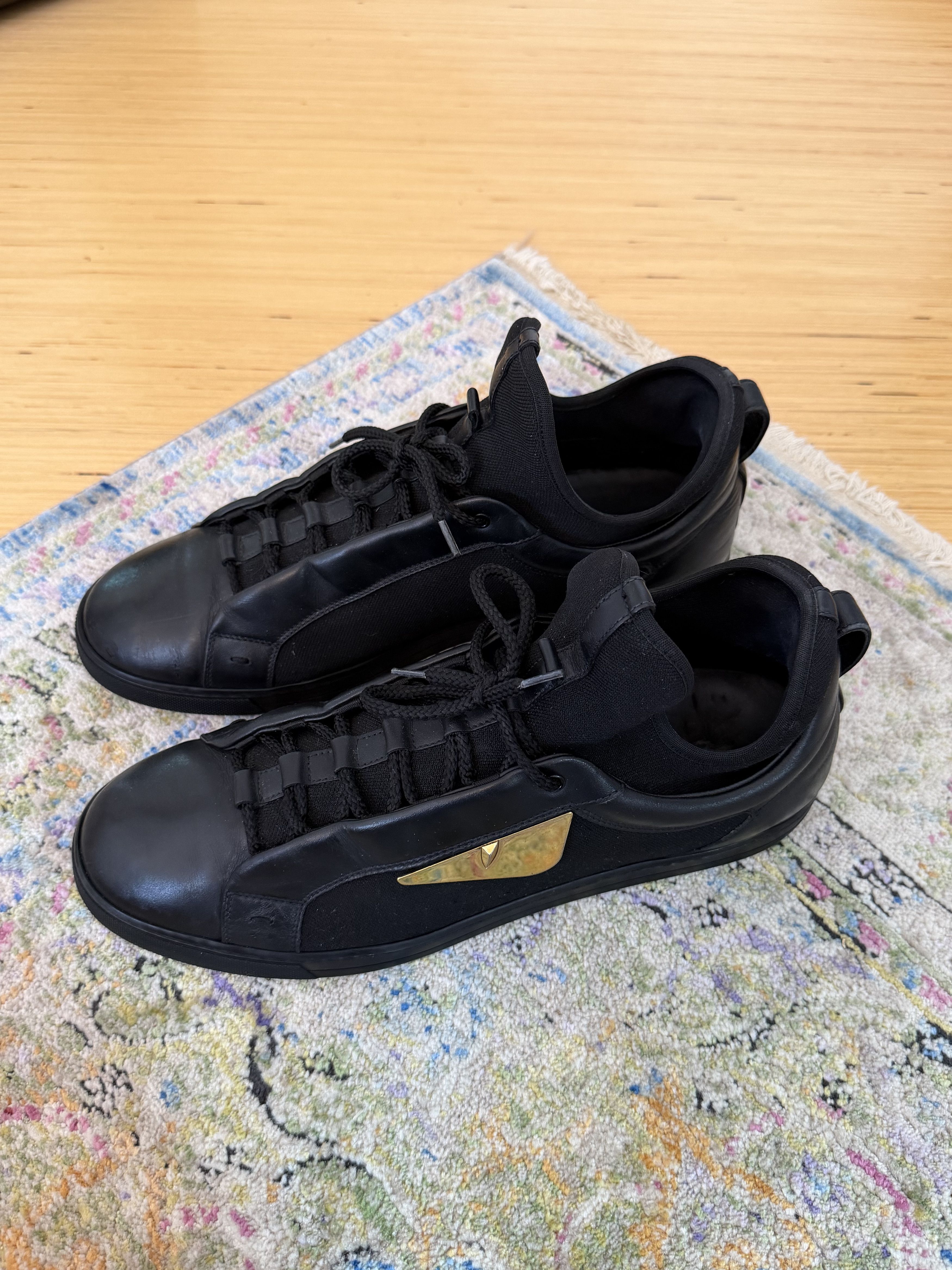 Fendi Fendi Black Leather and Fabric Monster Eye Mid Top Sneakers Size US 10 / EU 43 - 2 Thumbnail