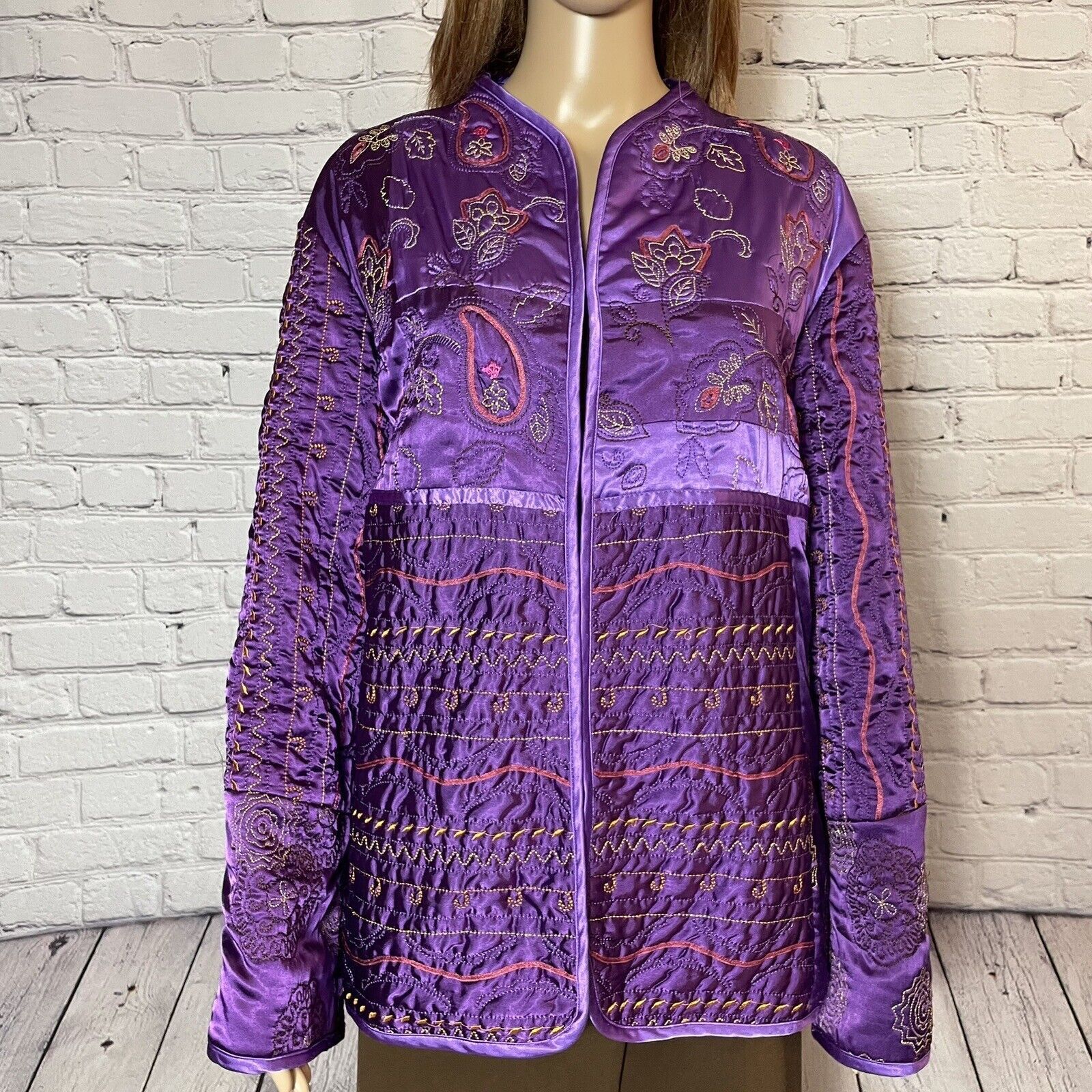 Other Diane Gilman Satin Purple Quilted Embroidered Jacket Size 1 Size XL / US 12-14 / IT 48-50 - 2 Thumbnail