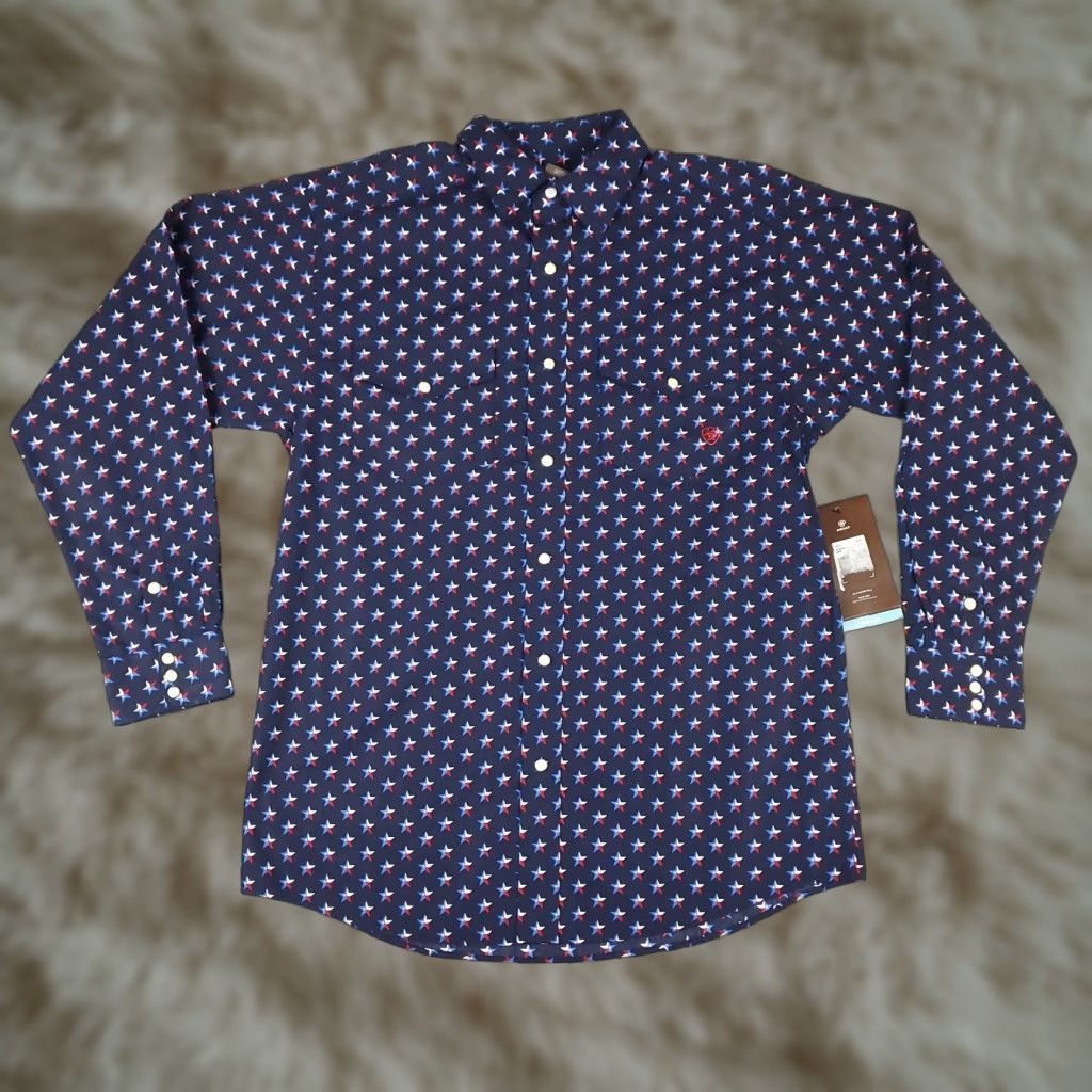 Ariat Ariat Shirt Mens Medium Blue Western Pearl Snap Button Long Sleeve Star Print Geometric Pattern 90s Western Mens Size US M / EU 48-50 / 2 - 1 Thumbnail
