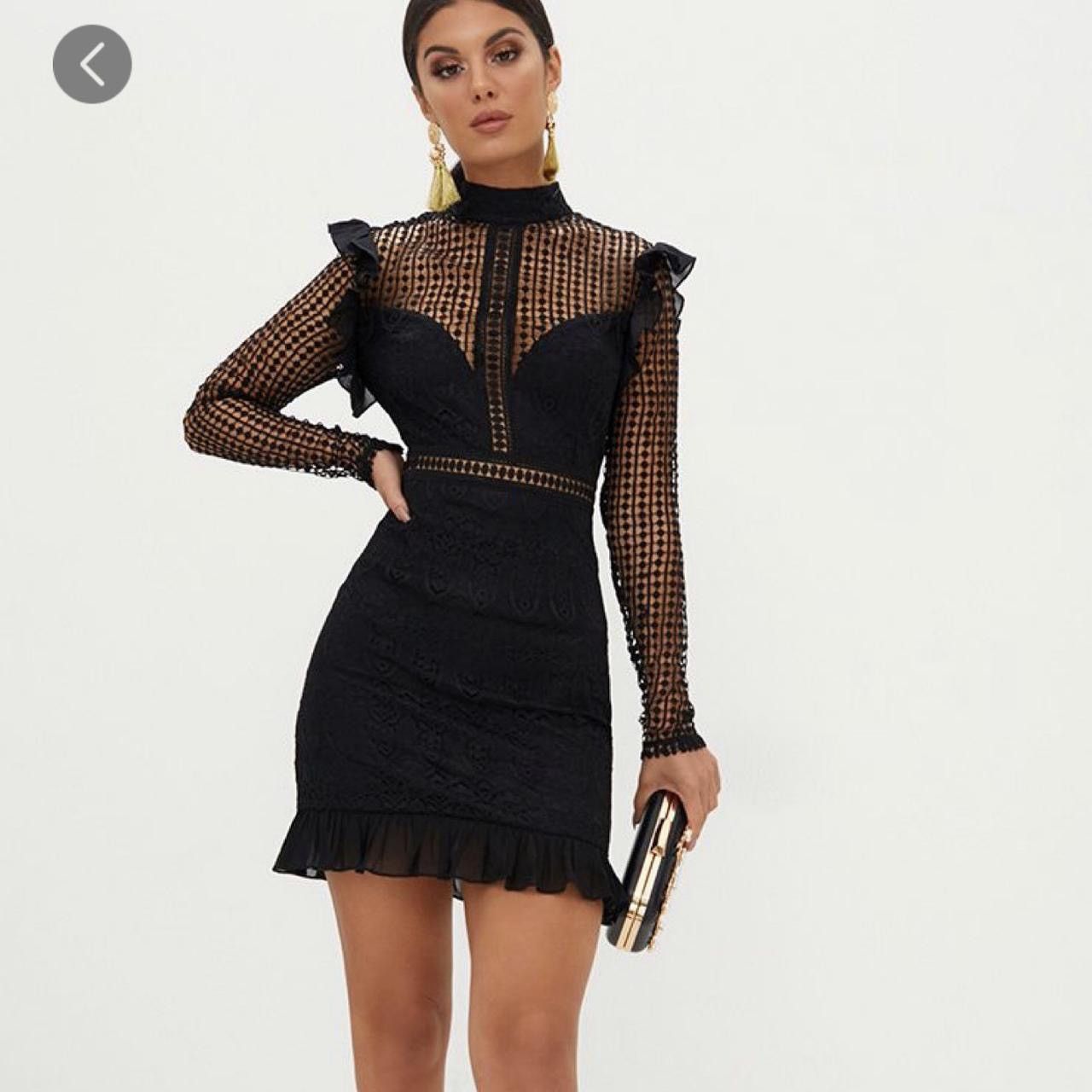 PrettyLittleThing PrettyLittleThing Black Lace High-Neck Ruffle Sleeve Midi Size M / US 6-8 / IT 42-44 - 1 Thumbnail