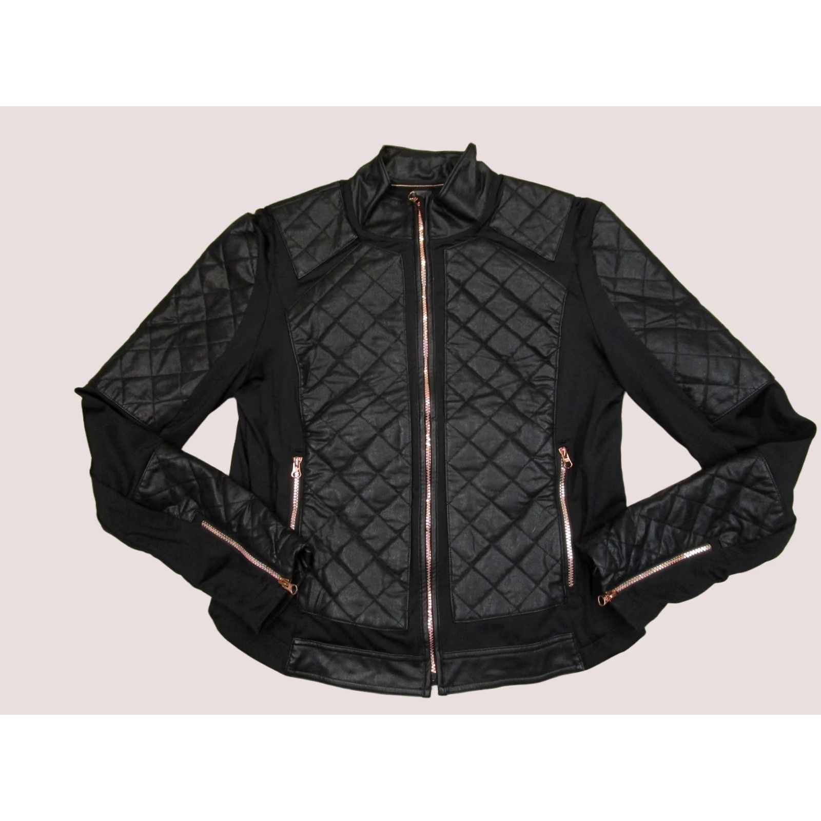 Vintage Victoria Sport Jacket Women L Black Quilted Faux Leather Full Zip Moto Jacket Size L / US 10 / IT 46 - 1 Thumbnail