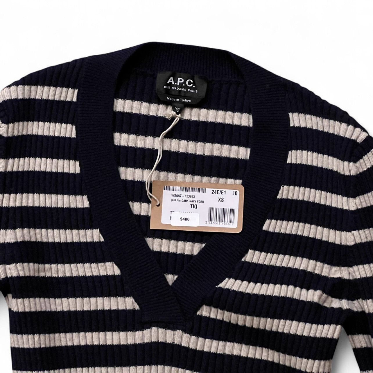 A.P.C. A.P.C. Women's V-Neck Sweater in Dark Navy and Ecru Stripes Size XS / US 0-2 / IT 36-38 - 6 Thumbnail