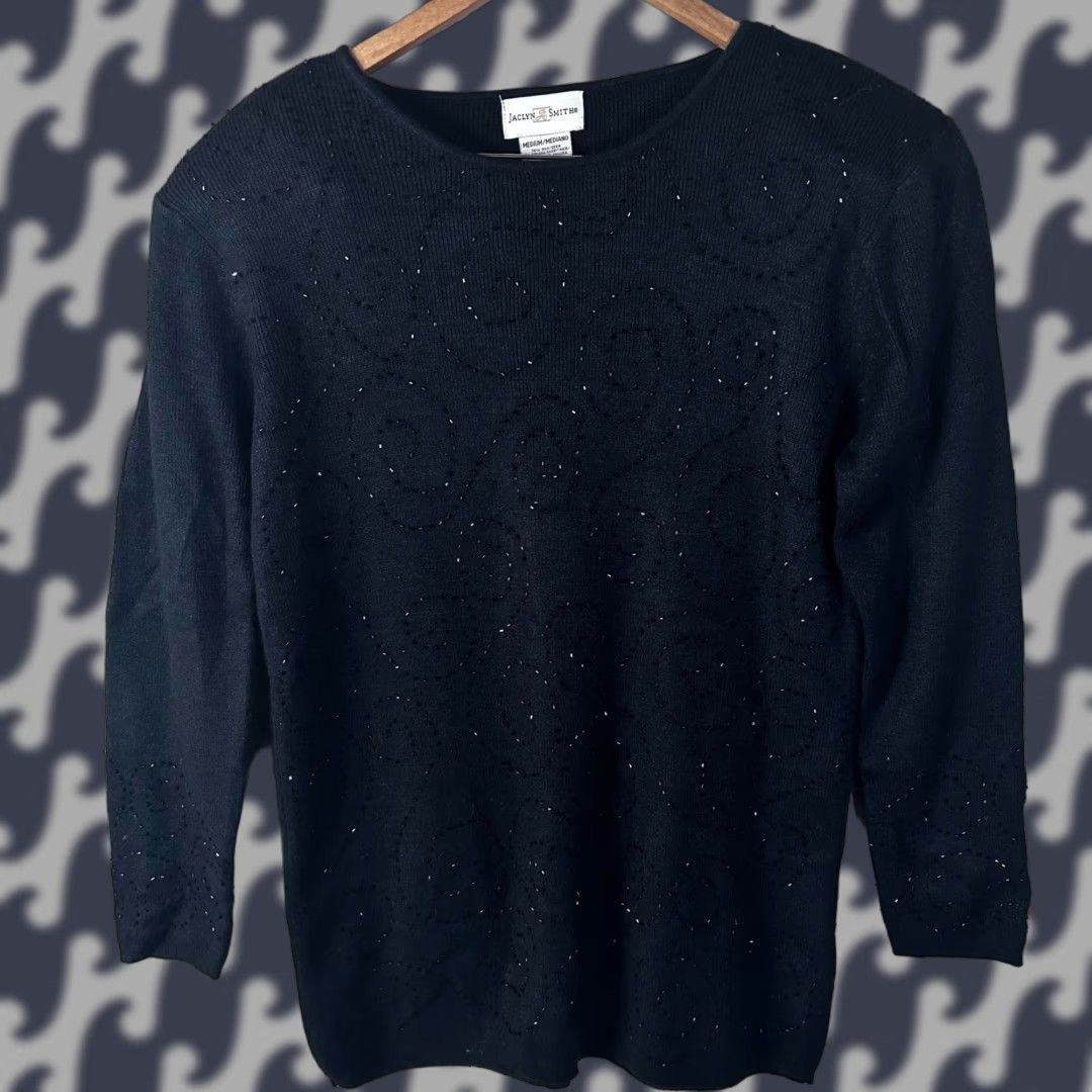Vintage VINTAGE Jaclyn Smith Beaded Swirl Knit Sweater Women M Black Crew Neck 3/4 Sleeve Sl ew Silk Angora Nylon Knit Style Pullover Modern Classic Size M / US 6-8 / IT 42-44 - 1 Thumbnail