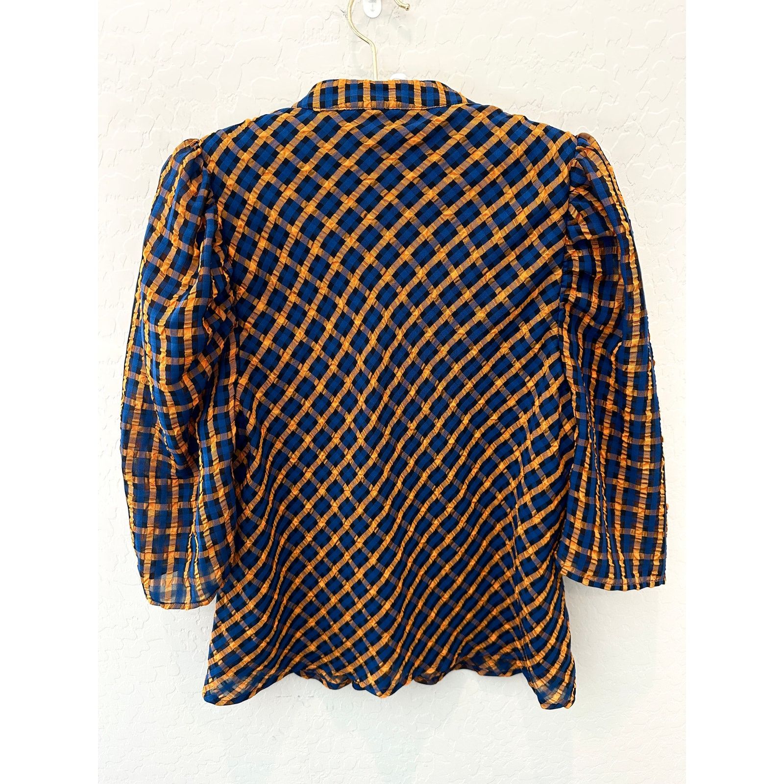 Anthropologie × Eva Franco ANTHROPOLOGIE Orange Blue Button Front Textured Plaid Blouse Size S / US 4 / IT 40 - 4 Thumbnail