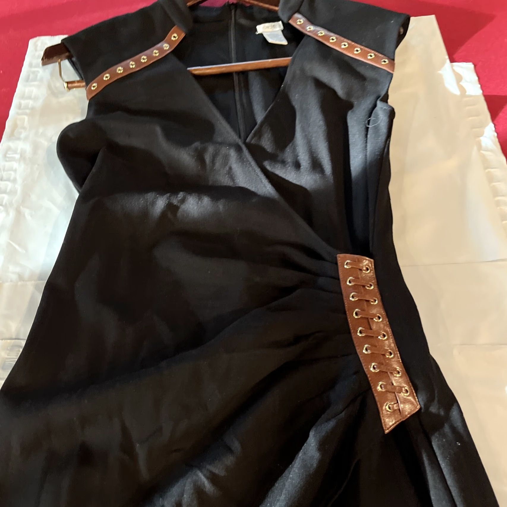 Vintage CACHE BLACK WRAP PONTE DRESS BROWN LACE UP LEATHER TRIM Sexy Steampunk Size 4 S Size S / US 4 / IT 40 - 3 Thumbnail
