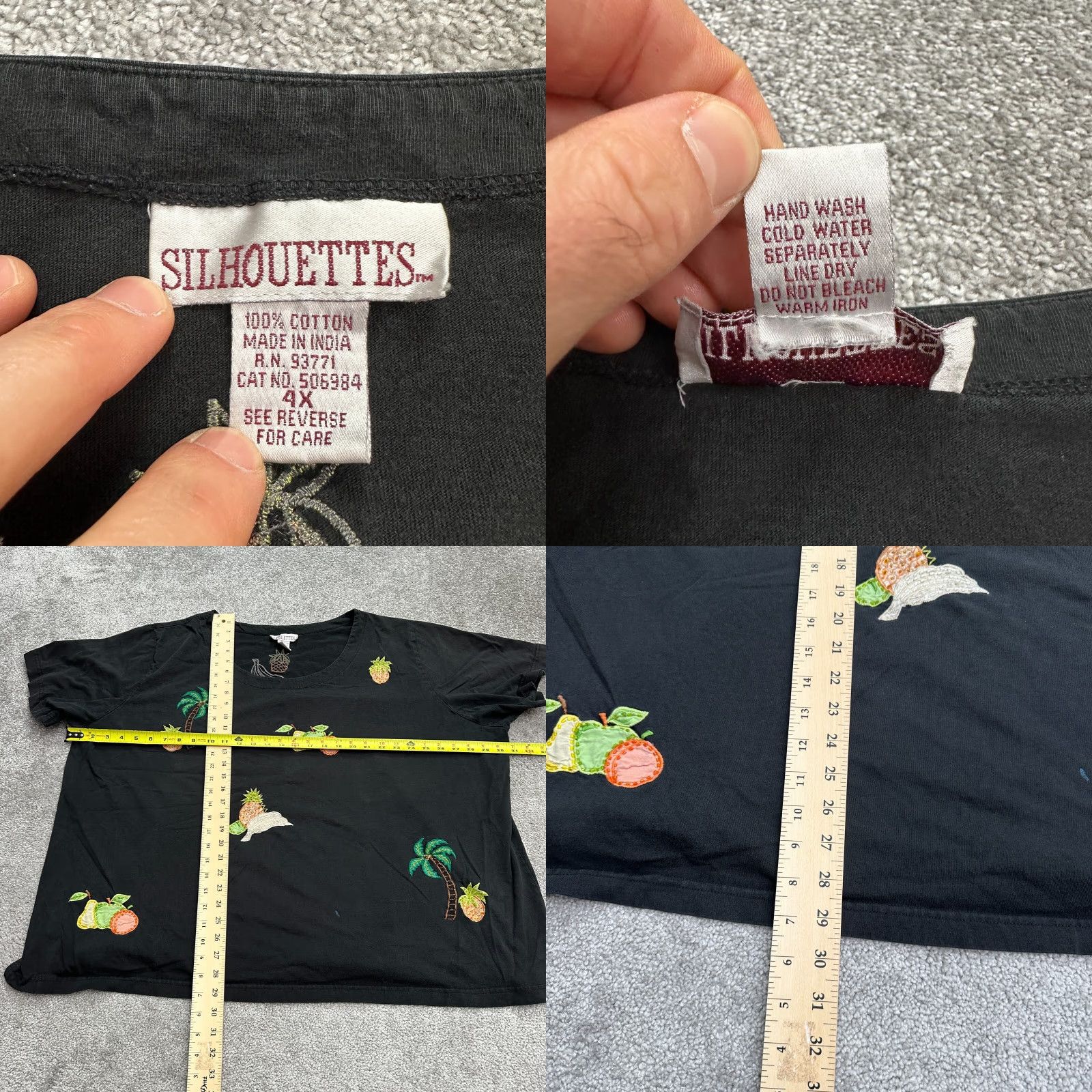Silhouette Silhouettes T-Shirt Black 4X Womens Round Neck Short Sleeve Embroidered Tropical Size XXL / US 16-18 / IT 52-54 - 8 Thumbnail