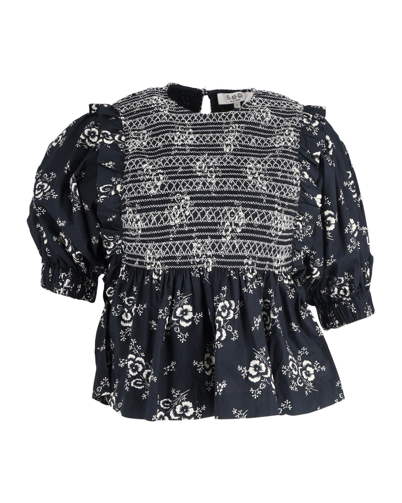 Image of Sea New York Floral Print Smocked Top With Puff Sleeves In Black Cotton in Black Print, Women's (Si