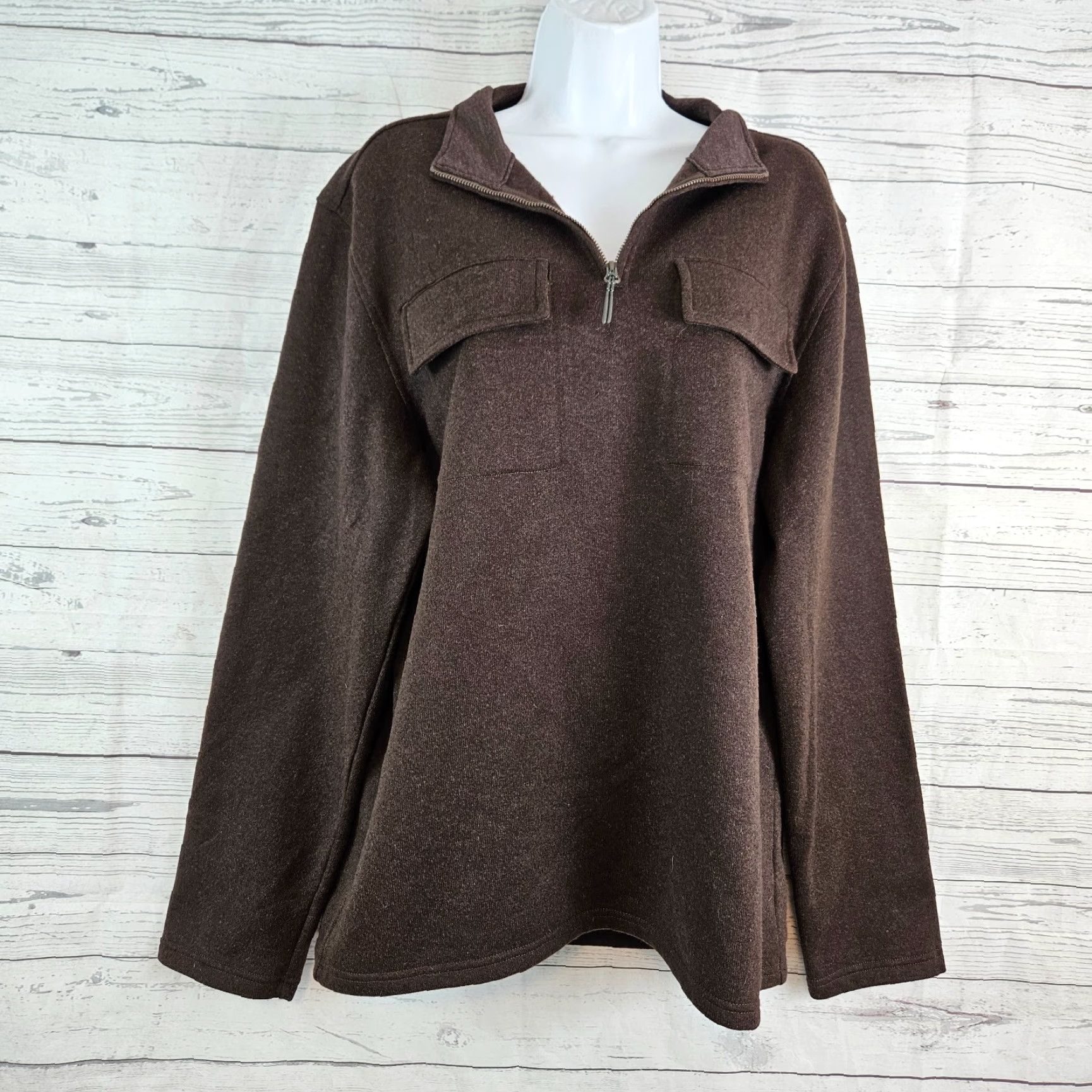 prAna Mens Brookland 1/4 Zip Sweater Sz Large Brown Wool Blend
