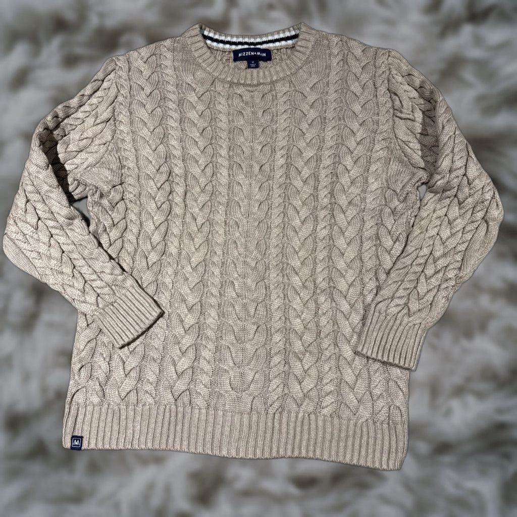 Mizzen+Main MIZZEN + MAIN Redford Cable Knit Crewneck Sweater Mens Size M Beige Size US M / EU 48-50 / 2 - 1 Thumbnail
