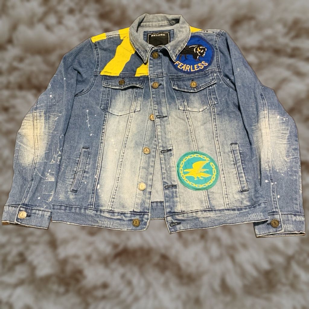 Reason Men's Denim Jacket Graffiti Moto Biker All Over Print Size Medium