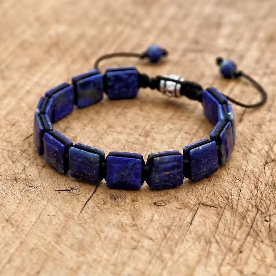 Handmade 10mm Square Lapiz Lazuli Stone Beads Braided Bracelet Size ONE SIZE - 1 Thumbnail