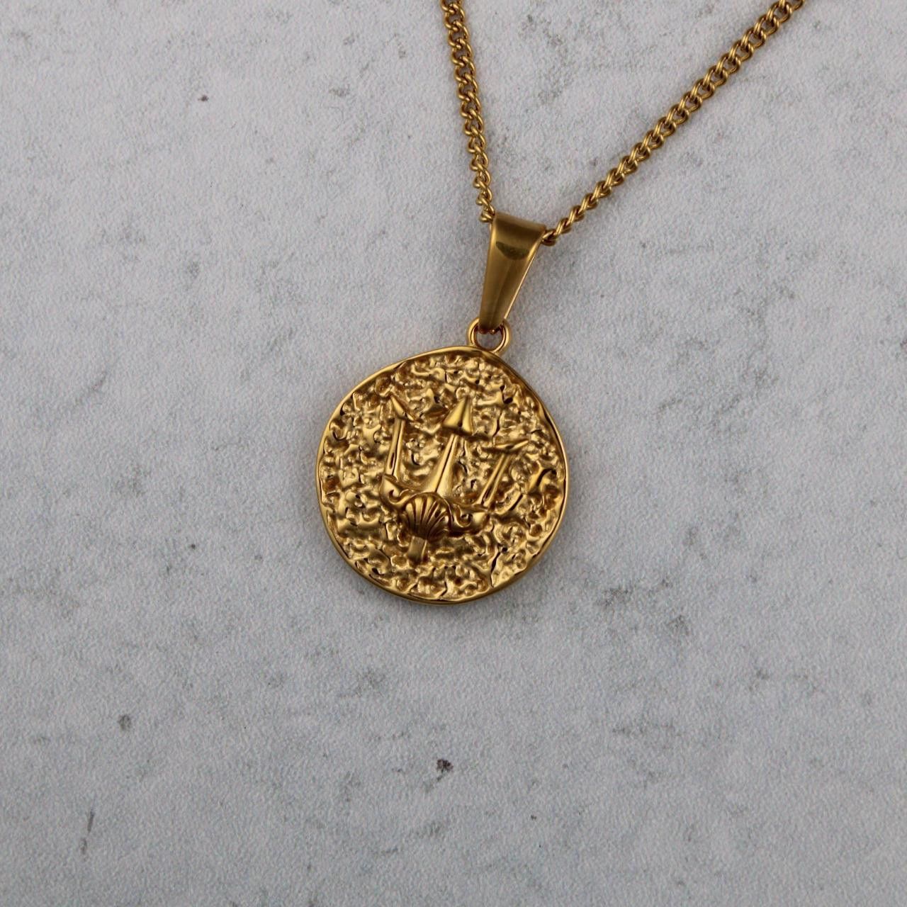 Gold Chain x Jewelry Gold Trident Coin Pendant Chain Necklace, Men's