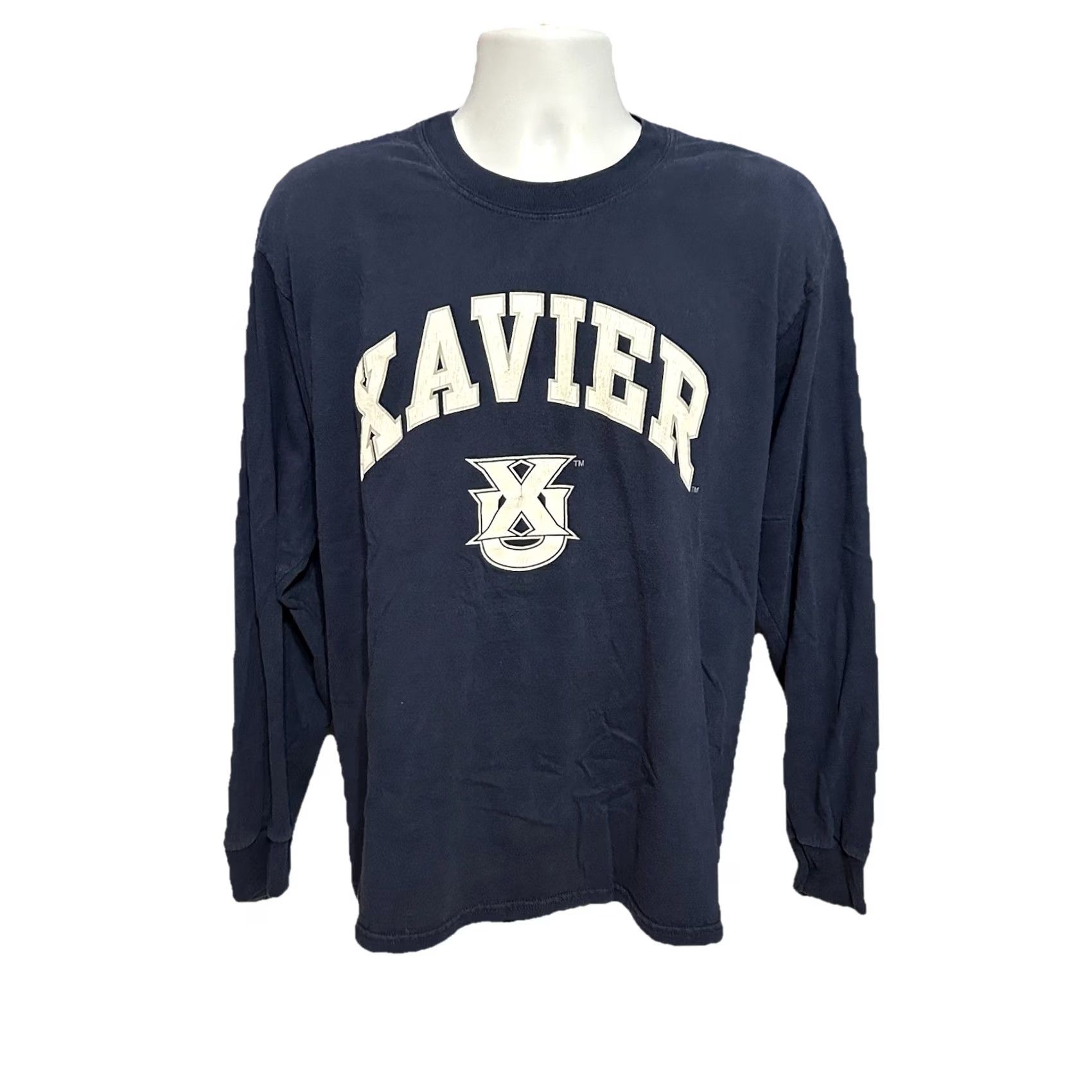 Spell VINTAGE Xavier University Long Sleeve Pullover Men Large Navy Blue White Logo Crew Neck 2000s Xavier University Theme Mens Size US L / EU 52-54 / 3 - 2 Thumbnail