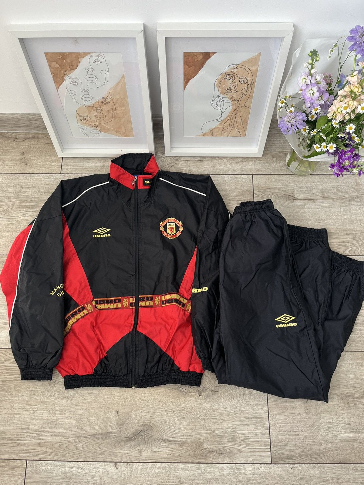 image of 90's Umbro Man U Manchester United Light Jacket + Pants in Grey Black Red, Men's (Size Medium)