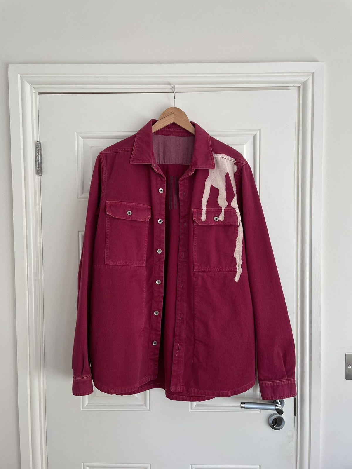 image of Rick Owens Red Splatter Denim Jacket, Men's (Size Medium)