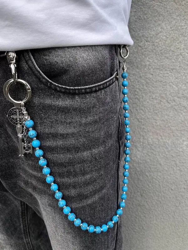 Jewelry Blue Cracked Stone Round Beads Wallet Chain , Jeans Chain Size ONE SIZE - 1 Thumbnail
