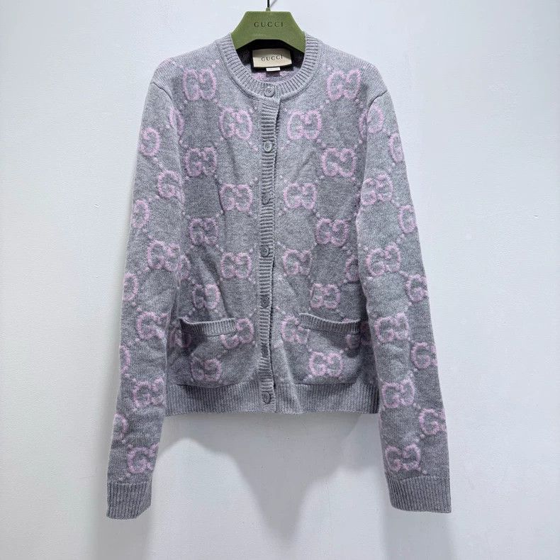 Gucci Gray double G logo full printed knitted cardigan swea