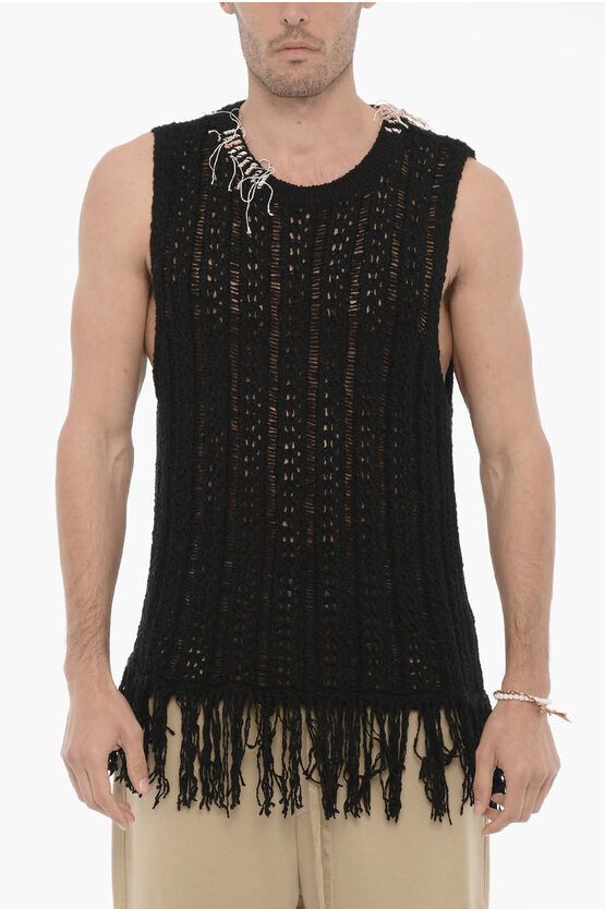 image of Andersson Bell Perforated Sleeveless Gordon Crew-Neck Sweater With Fringes in Black (Size Medium)