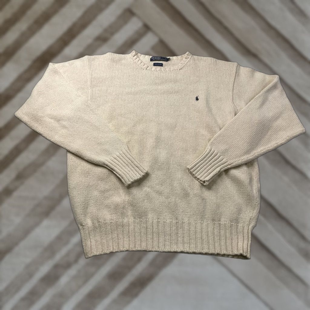 Polo Ralph Lauren VINTAGE Polo Ralph Lauren White Cotton Knit Pullover Crew Neck XL Men Sweater Size US XL / EU 56 / 4 - 1 Thumbnail