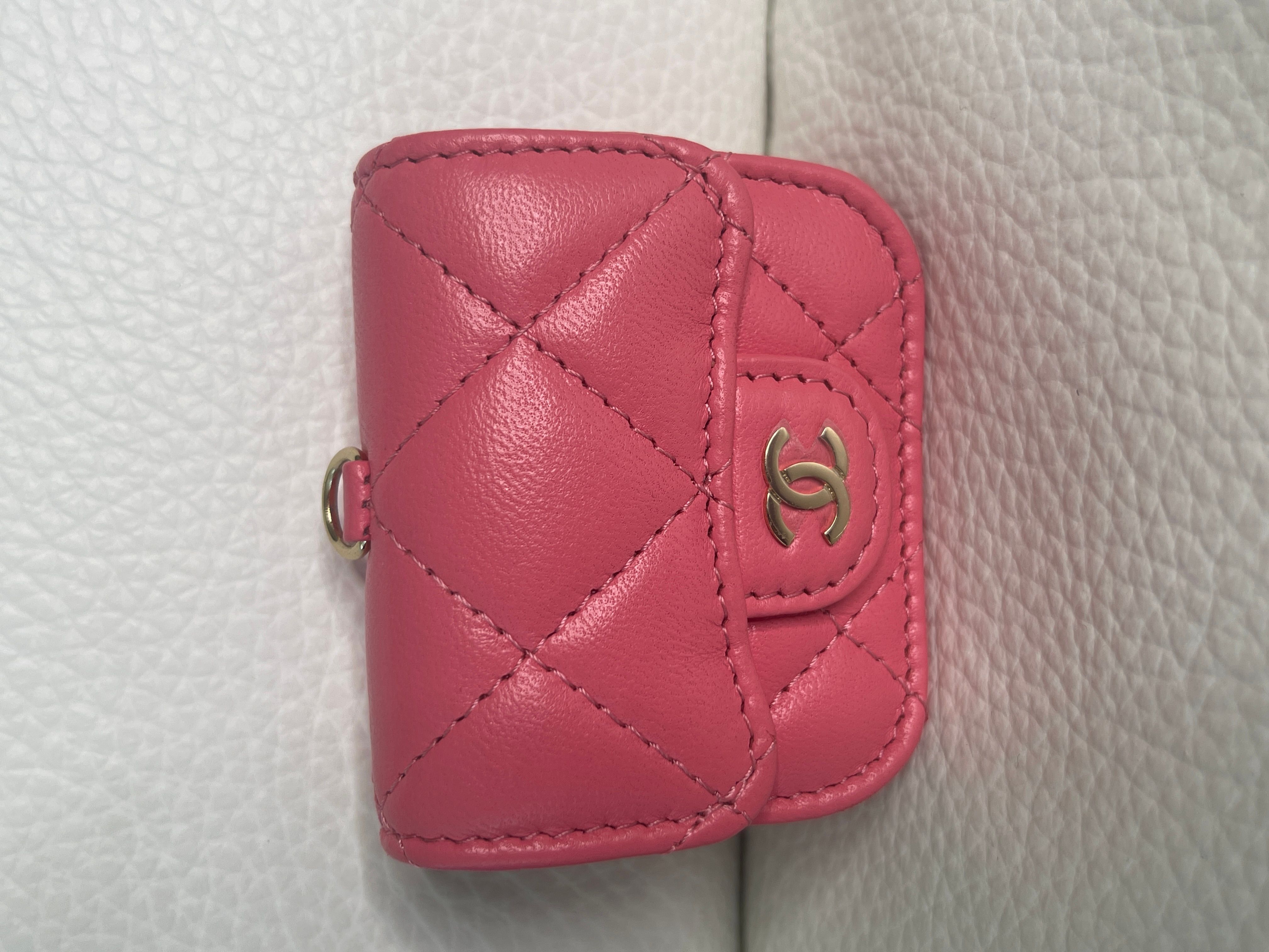 CHANEL Caviar Quilted Crystal CC Airpods Pro and Phone Case With Chain Pink  685411
