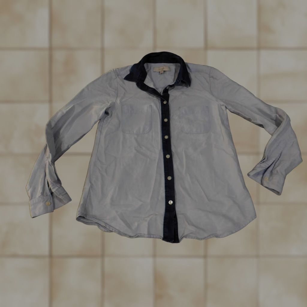 Loft VINTAGE LOFT Ann Taylor SHIRT Womens XS Light Blue Contrast Collar Button Down Cotton Size XS / US 0-2 / IT 36-38 - 1 Thumbnail