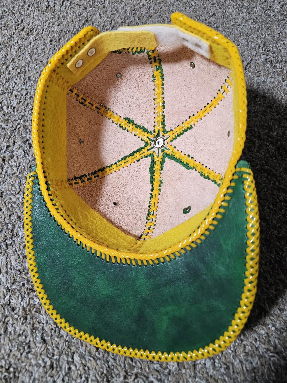 Handmade Custom Handmade Leather Strapback Hat Yellow Plastic Stitch Size ONE SIZE - 7 Thumbnail