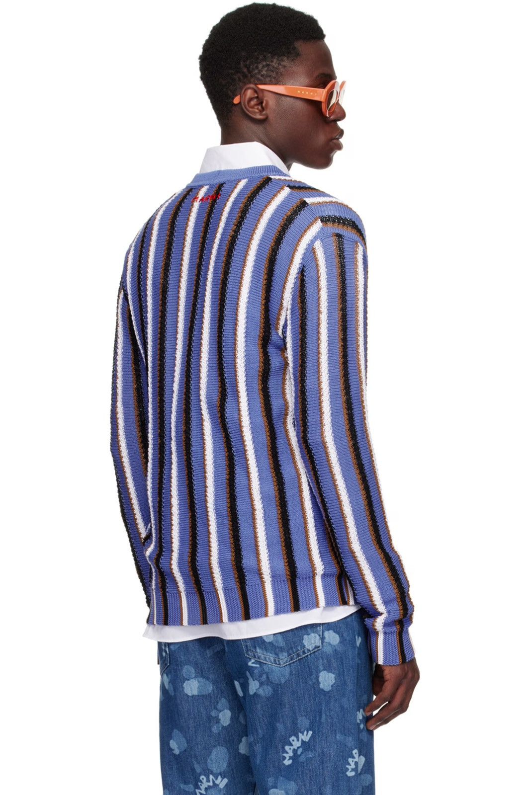 Marni 50 Blue & White Striped Crochet Knit Gauge Cardigan Sweater Size US M / EU 48-50 / 2 - 3 Thumbnail