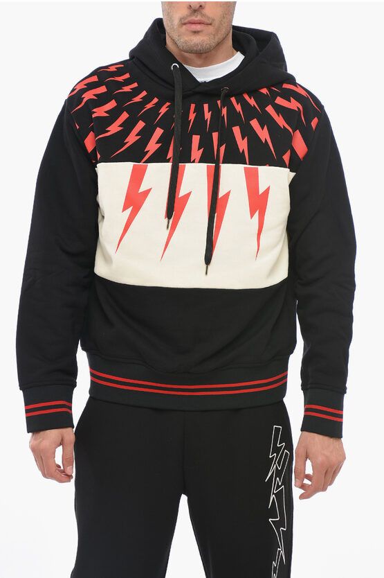 Image of Neil Barrett Printed Thunderbolt Hoodie Sweatshirt in Black, Men's (Size 2XL)