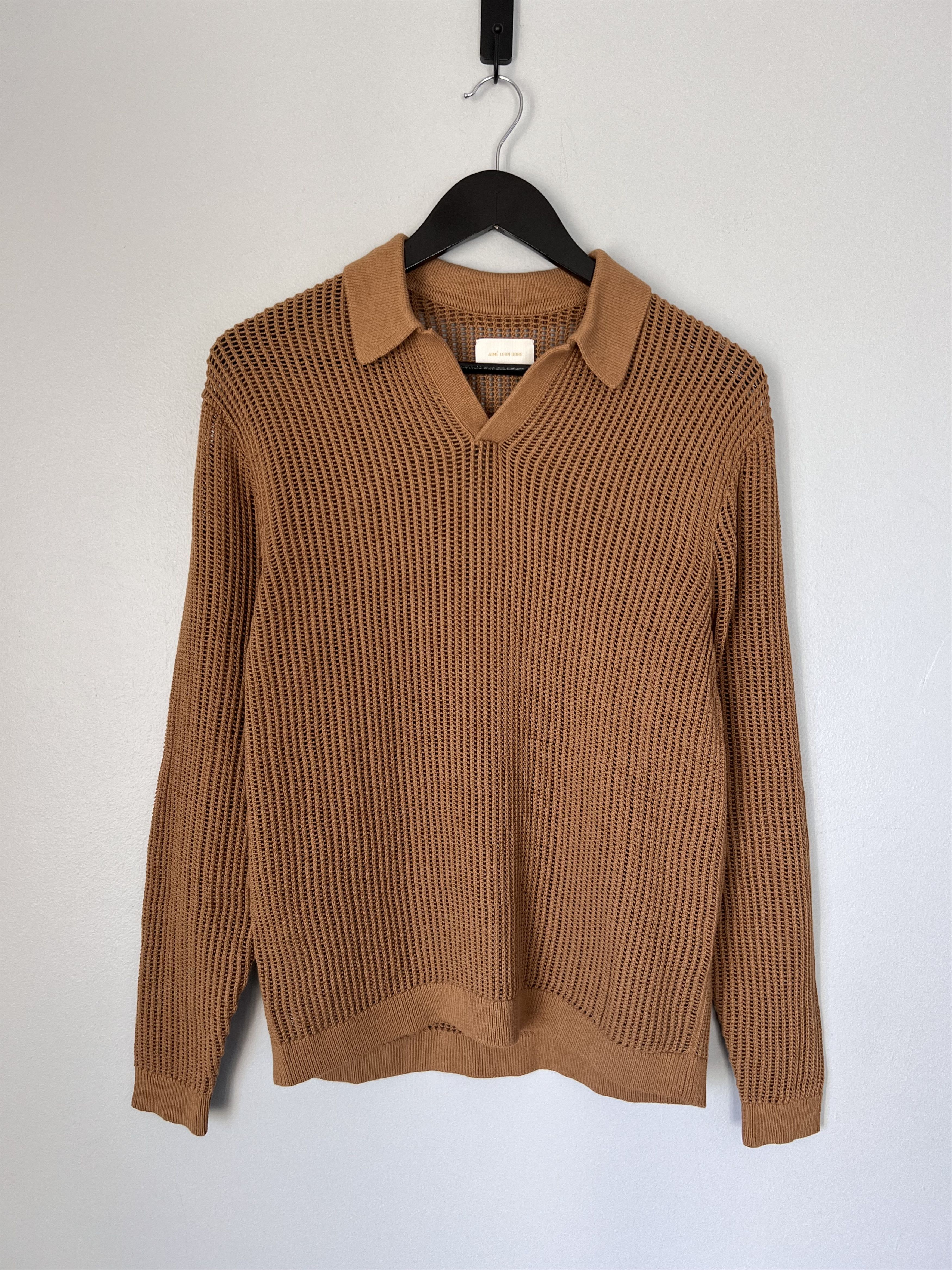 Aime Leon Dore Aime Leon Dore Long Sleeve Mesh Knit Polo in Camel Brown Size US S / EU 44-46 / 1 - 1 Thumbnail