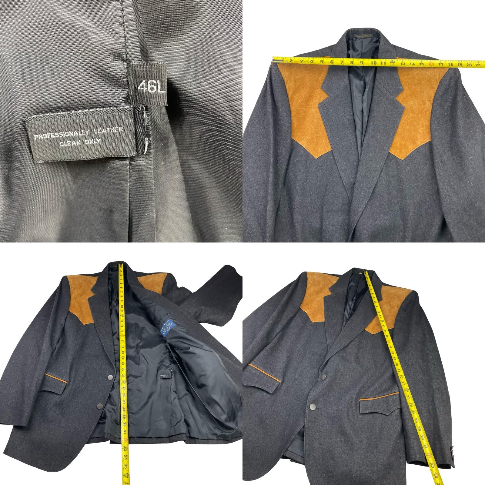 YOKE VINTAGE Circle S Blazer Men’s Western Denim/Suede Leather Yoke 2-Button Gray 46L Mens Size 46R - 8 Thumbnail